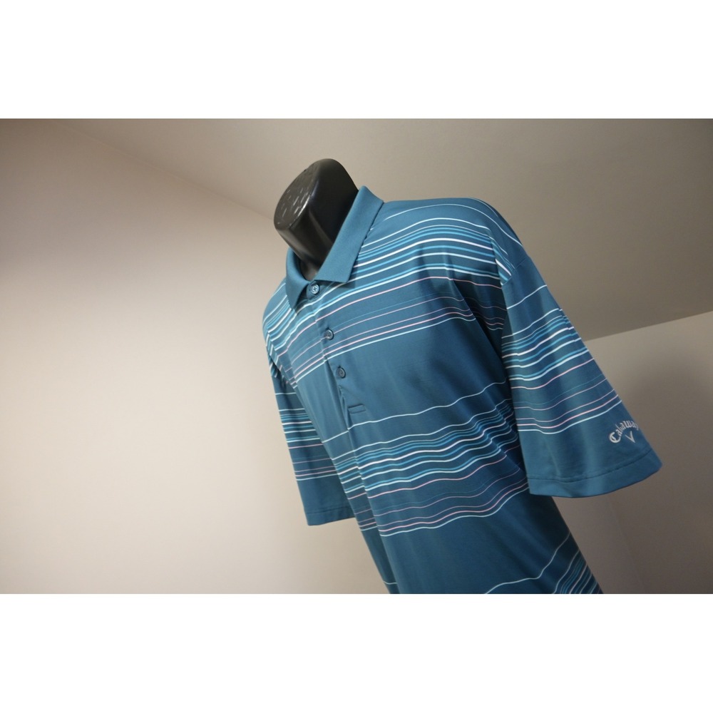 Callaway Polo‎ Shirt Mens 2XL Teal Blue Striped Opti-Dri Short Sleeve Excellent